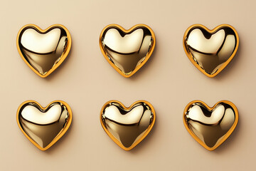 Close up layout of six shiny golden hearts. Minimal creative concept of love or Valentine's Day. Flat lay