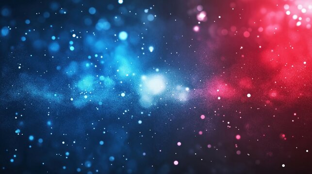 A vibrant abstract background featuring blue and red bokeh lights with a starry effect.