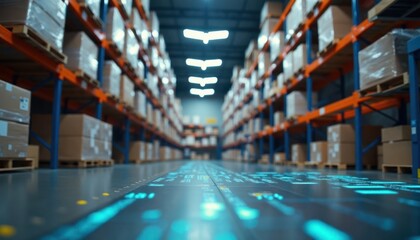 Warehouse interior IoT tech. Boxes on shelves display goods in logistics. Interactive floor displays real-time data. Modern tech monitors supply chain. Digital information visible on ground. Advanced