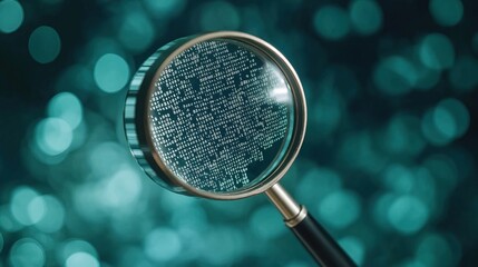 Close-up magnified view of binary code through magnifying glass. Detailed inspection of digital data. Futuristic research into AI innovations, complex algorithms. Advanced tech analysis of abstract