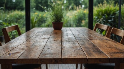 Wooden tabletop overlooking lush green summer garden