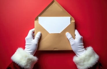 Santa Claus holds open envelope with blank white card. Christmas theme photo. Hands in white...