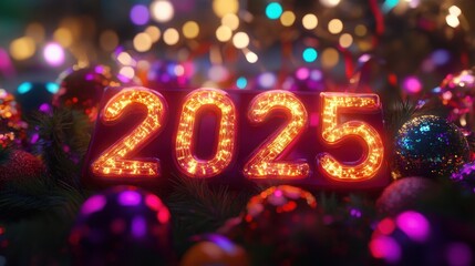 A glowing "2025" sign surrounded by colorful streamers and festive decorations