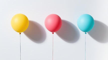 Three vibrant balloons in yellow, pink, and blue against a white backdrop.