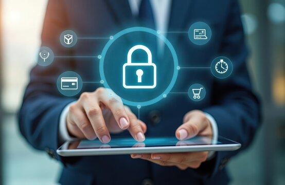 Business person using tablet to initiate online payment transaction. Secure, efficient payment methods displayed. Digital interface shows various secure tech details. Modern payment tech highlighted.