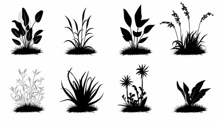 Fototapeta premium Black plants icons set - grass, plants, foliage, leaves, nature, garden, outdoors, green, vegetation, landscape, set, botanical, illustration, black and white. Silhouette. Illustration