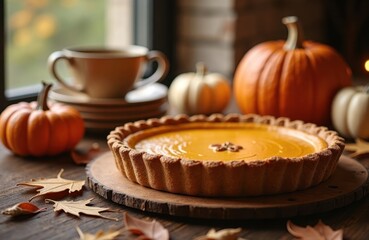 Cozy autumn pumpkin pie on festive autumnal table with pumpkins, teacup. Festive thanksgiving meal centerpiece. Cozy fall setting. Enjoying autumn. Fall food dessert. Pumpkin pie, pumpkins.