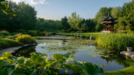 Obraz premium Beijing Chinese garden with pagoda and water lilies, serene cultural sanctuary