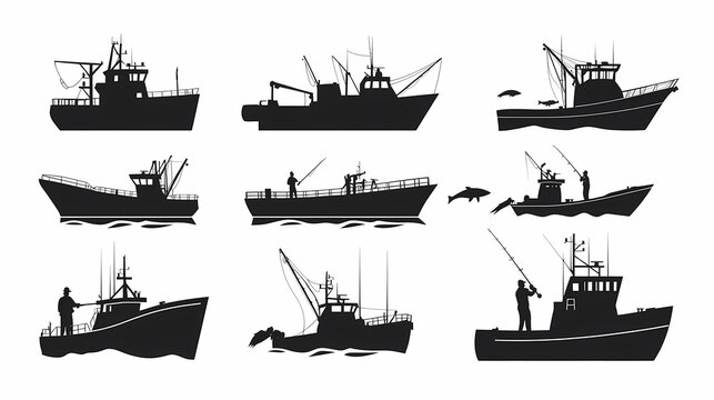 Set of fisherman and fishing vessel boats silhouette vector illustration isolated on white background. Silhouette. Illustration