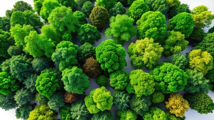 Naklejka premium A bird's-eye view reveals a vibrant green tree canopy, isolated leaves detail against a verdant background.