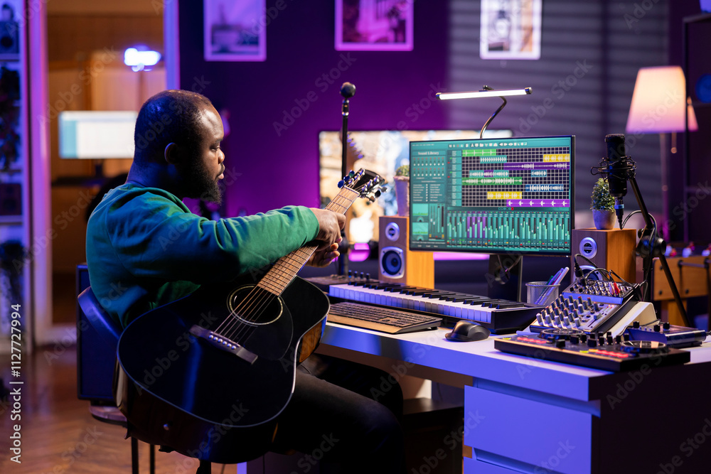 Poster creative songwriter singing a melody and playing guitar, signal processing technology with digital a