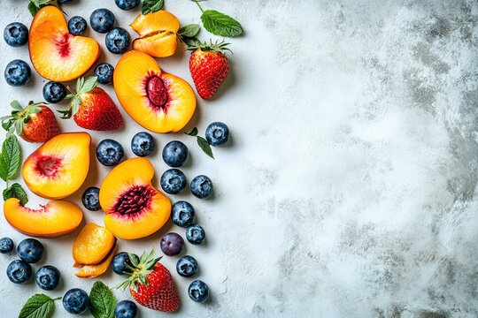 Flat lay with fresh organic summer berries and fruits of strawberries, blueberries and peaches on a white background with hard shadow. Top view and copy space
