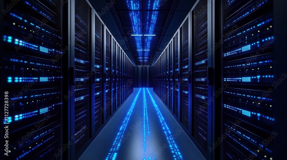 Aufkleber Modern data center. Glowing blue tech infrastructure. Server racks. High tech AI system. Data processing. Network architecture. Tech solutions. Generative AI hub. Advanced server system. Futuristic