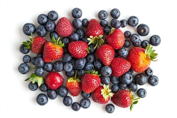 Obraz premium Flat lay with fresh organic summer berries and fruits of strawberries, blueberries and peaches on a white background with hard shadow. Top view and copy space