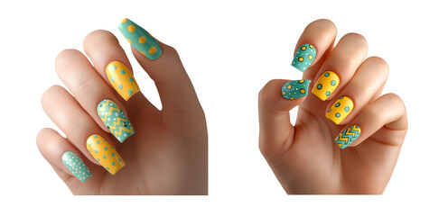 Fototapeta premium Colorful Nail Art Designs on Hands Transparent Background