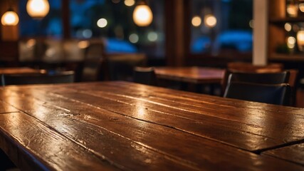 Obraz premium Wooden table in cozy evening restaurant scene