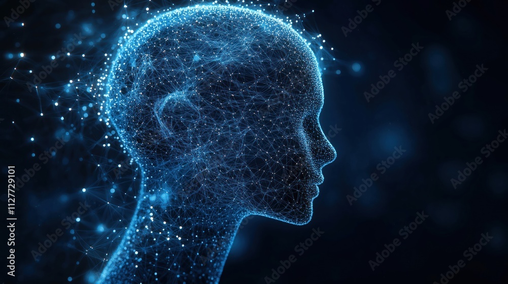 Aufkleber Digital ai concept image. Futuristic representation of human face. Head profile shows connection mesh. Abstract structure. Dark background. Tech design blue colors. Network, node visuals. Modern art