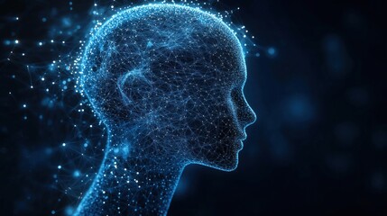Digital ai concept image. Futuristic representation of human face. Head profile shows connection mesh. Abstract structure. Dark background. Tech design blue colors. Network, node visuals. Modern art