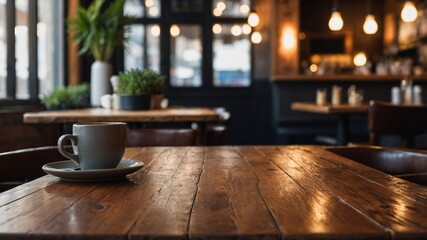 Wooden table in cozy blurred cafe setting