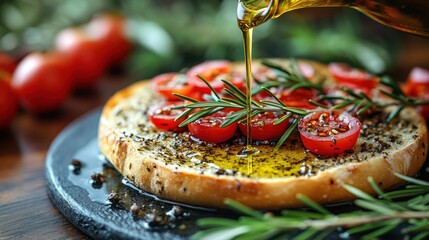 Olive oil drizzled over toasted bread with roasted cherry tomatoes and rosemary.