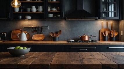 Wooden table in blurred dark kitchen background