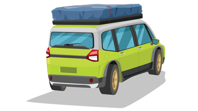 Rear side of tourist car green color. With luggage on the roof rack and flysheet to protect it from the rain. on isolate white background.