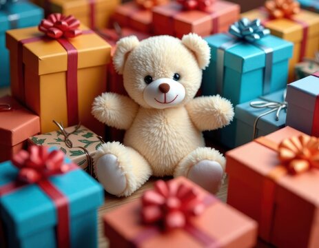 Cute teddy bear sits in colorful gift boxes. Safe toys month celebration. Many wrapped presents surround plush toy bear. Holiday themed photo. Perfect for gift giving child-centric concepts. Festive