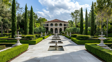 Paris formal French garden with fountains and symmetrical hedges, elegant cultural retreat