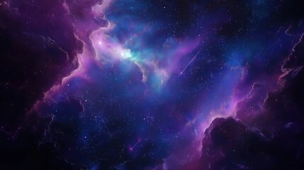 A stunning cosmic nebula filled with vibrant purple and blue hues, showcasing stars and celestial elements.