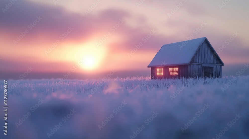 Wall mural A small wooden cabin surrounded by frost, illuminated by the warm glow of the setting sun.