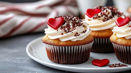 Delectable Valentine s Day Cupcakes with Alluring Heart Shaped Toppings on a Bright Minimalist Backdrop