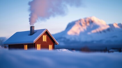 A warm cabin with smoke rising from the chimney, surrounded by snow and mountains at sunset.
