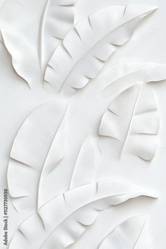 Poster white embossed clay texture. banana leaves pattern on paper. natural 3d design. decorative elements.