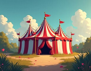 Colorful circus tent stands in grassy area under clear sky. Red, white striped canvas. Fun fairground atmosphere. Great for circus event theme. Ideal illustration for design entertainment concepts.