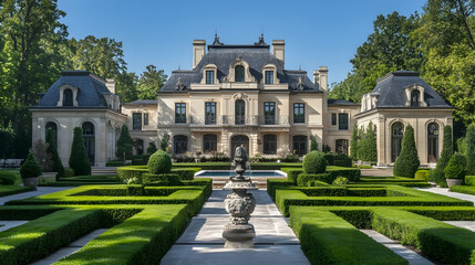 Obraz premium Paris formal French garden with fountains and symmetrical hedges, elegant cultural retreat