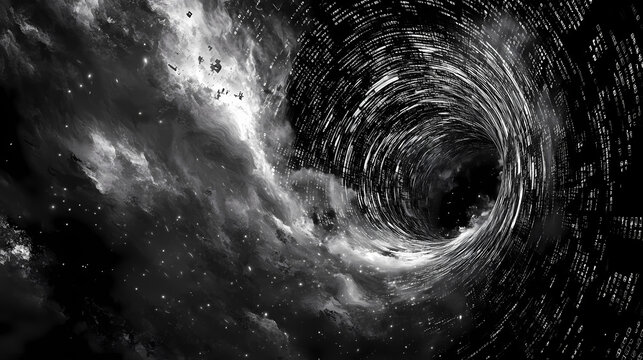 Sophisticated swirling vortex of cryptic code, digits, and ciphers amidst a nebulous cloud of secure programs and encrypted data streams. Nebulous. Illustration