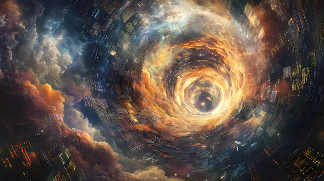 Sophisticated swirling vortex of cryptic code, digits, and ciphers amidst a nebulous cloud of secure programs and encrypted data streams. Nebulous. Illustration