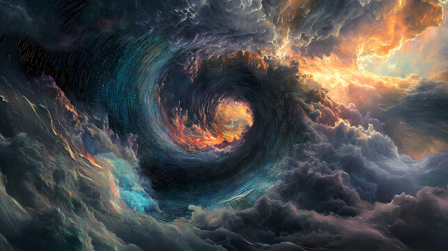 Sophisticated swirling vortex of cryptic code, digits, and ciphers amidst a nebulous cloud of secure programs and encrypted data streams. Nebulous. Illustration