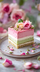 Fototapeta premium A beautifully layered cake with pink and green frosting, adorned with edible flowers.