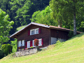 Fototapeta premium Traditional rural architecture and family livestock farms on the shores of Lake Lungern - Canton of Obwald, Switzerland (Traditionelle Architektur am Ufer des Lungernsees - Schweiz)