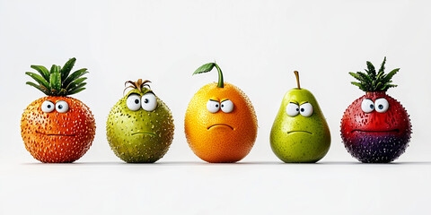 funny fruits with big eyes on a white background