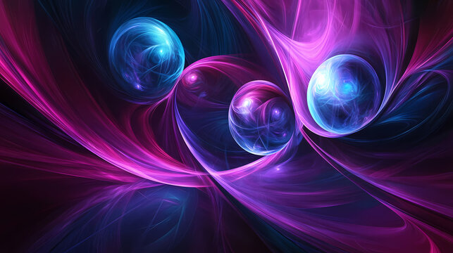 Vibrant cosmic themed 3d rendering of glowing planets and nebulous swirls in a futuristic space environment with vivid purple blue and magenta hues. Nebulous. Illustration