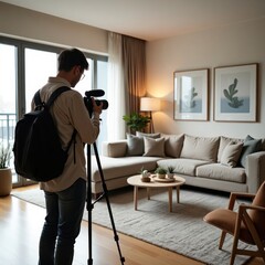 Real estate photographer shoots living room interior with pro camera for property listing. Modern apartment living room. Home staging. Home design. Photographer prepares photos, video. Light filled