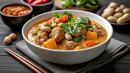 Massaman Curry Dish Garnished with Thai Herbs and Peanuts on Bright Minimalist Backdrop