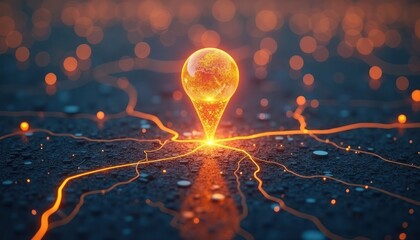 Glowing location pin highlights city digital map. Abstract tech map shows global connection. Modern tech concept. Global positioning system. Digital infrastructure. Future city. Innovation in map