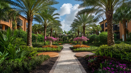 Bali tropical garden with palm trees and vibrant orchids, lush exotic sanctuary