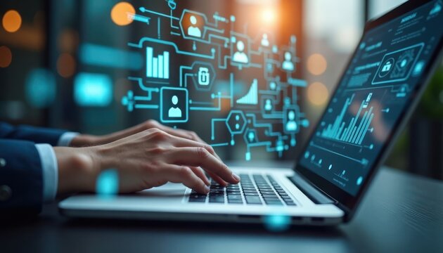 Person uses laptop for digital recruitment process. Interactive graphic shows employee search data on screen. Person finds right candidate. Modern tech for recruitment. Online tech recruitment