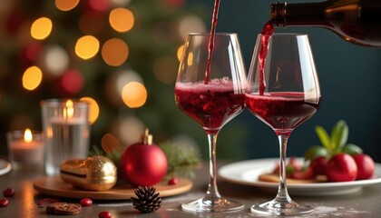 Red wine poured into two glasses at table decorated for holidays. Holiday ornaments, candles create festive atmosphere. Festive table setting with Christmas decorations. Festive food, drink setting.