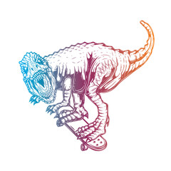 Tyrannosaurus on a skateboard. Original vector illustration in vintage style. T-shirt design.