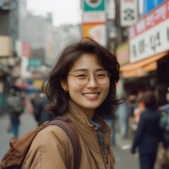 South Korean Woman Smiling on the Streets of the City in the 1990s